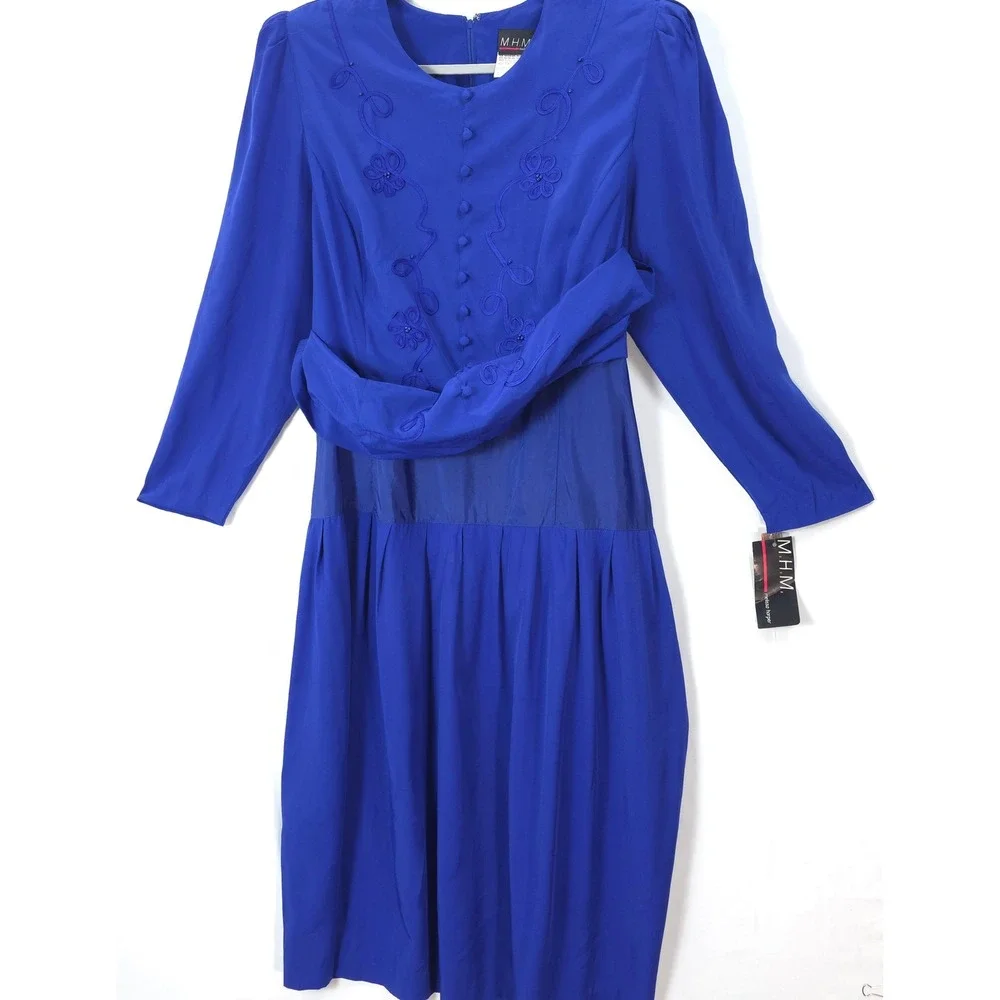Royal Blue Embroidered Beaded‎ Dress Modest Vtg 90s Women 18 Church Mature